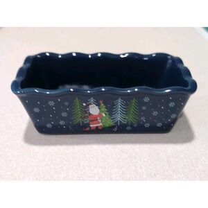 Nantucket Ceramic Mini Loaf Pan Santa Claus Winter Scene Navy Blue 6" x 2"